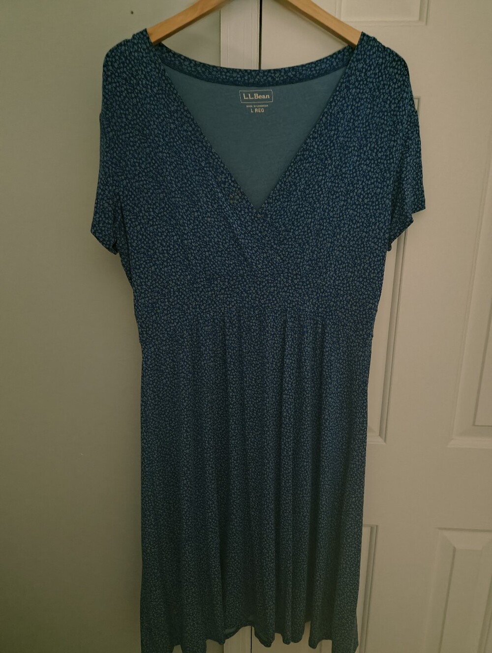 L.L. Bean Teal Microprint Surplice-Waist Women's Dress